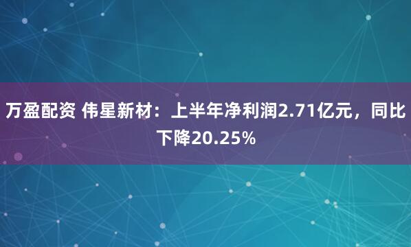 万盈配资 伟星新材：上半年净利润2.71亿元，同比下降20.25%